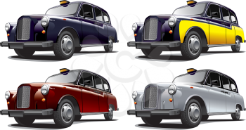 Detailed image of vintage taxi cab, isolated on white background, executed in four color variants. File contains gradients. No blends and strokes.