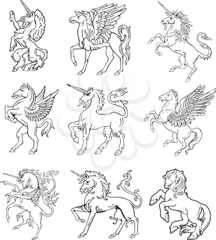 Vectorial pictograms of most heraldic monsters - unicorn and pegasus, executed in style of gravure on wood. No dlends, gradients and strokes.