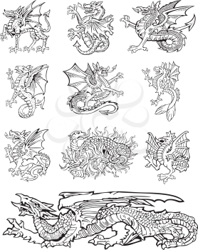Vectorial pictograms of most heraldic monsters - dragons, executed in style of gravure on wood. No dlends, gradients and strokes.