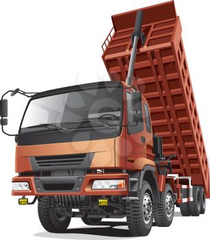 Detailed vector image of large eight-wheel dump truck with overturned body, isolated on white background. File contains gradients and transparency (headlights). No blends and strokes.