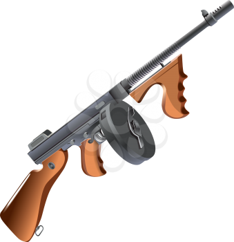 Detailed vector image of machinegun - Tommy Gun - weapon of mafia, isolated on white background.