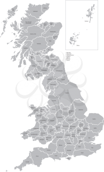 Vectorial map of Great Britain with all counties. No gradients and blends. Every county is separate curve. Names of counties are in separate layers.