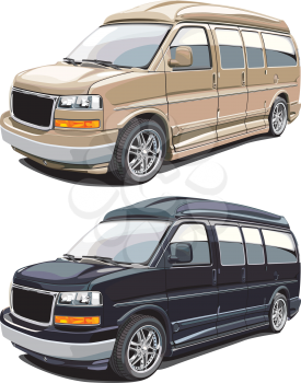 detailed vectorial image of modern american van, executed in two variants of colors. Every van is in separate layer. No blends and gradients.