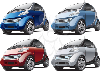 Detailed image of smart modern car isolated on white background, executed in four color variants. File contains gradients. No blends and strokes.