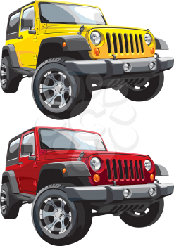 Detailed vectorial image of american jeep, executed in two variants of color. Every jeep is in separate layer. No blends and gradients.