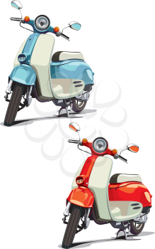 vectorial image of old-fashioned scooter, executed in two variants of color. Every scooter is in separate layer. No blends and gradients.