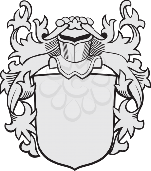 Vector image of medieval coat of arms, executed in woodcut style, isolated on white background. No blends, gradients and strokes.
