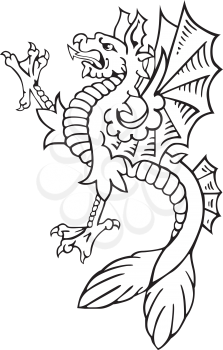 Vectorial pictogram of most heraldic monster - dragon, executed in style of gravure on wood. No dlends, gradients and strokes.