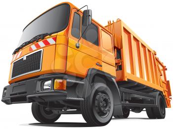 High quality photorealistic illustration of orange garbage truck - rear loader, isolated on white background. 