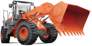 High quality photorealistic illustration of orange large front-end loader, isolated on white background. 