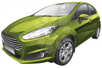 High quality photorealistic illustration of of American subcompact sports hatchback, isolated on white background. 