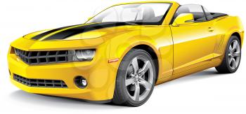 High quality photorealistic illustration of American muscle car with black racing stripes and open roof, isolated on white background. 