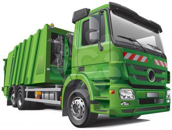 High quality photorealistic illustration of modern garbage truck - rear loader, isolated on white background. 