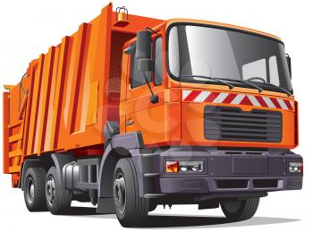 High quality photorealistic illustration of modern garbage truck, isolated on white background. 