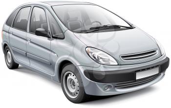 High quality photorealistic illustration of silver French Compact MPV, isolated on white background. 