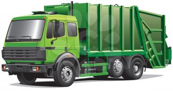 High quality photorealistic illustration of modern garbage truck, isolated on white background. 