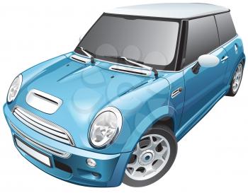 High quality photorealistic illustration of european blue compact car, isolated on white background. 