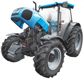 High quality photorealistic illustration of modern blue tractor with open hood, isolated on white background. 