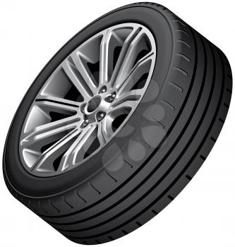 High quality vector image of alloy wheel with low-profile tire, isolated on white background. File contains gradients, blends and transparency. No strokes.