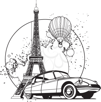 Simple black and white vector badge on theme of Paris, executed in retro print style. File doesn't contains gradients, blends, transparency and strokes or other special visual effects. You can open this file with any vector graphics editors.