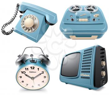 High quality vector icons of vintage objects: rotary dial telephone, reel-to-reel audio tape recorder, alarm clock and television receiver, isolated on white background. File contains gradients, blends and transparency. No strokes.