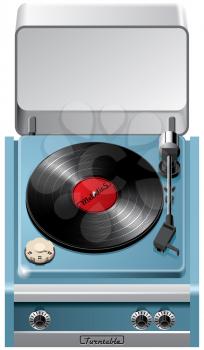 Vector icon of vintage turntable with open lid, isolated on white background. File contains gradients, blends and transparency. No strokes.