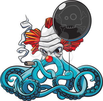 Vector colourful illustration of octopus the angry clown smoking cigar with black balloon in his tentacles, isolated on white background. File doesn't contains gradients, blends, transparency and strokes or other special visual effects. You can open this file with any vector graphics editors.