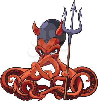Vector colourful illustration of octopus in Devil's costume and with pitchfork in his tentacles, isolated on white background. File doesn't contains gradients, blends, transparency and strokes or other special visual effects. You can open this file with any vector graphics editors.
