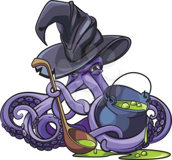 Vector colourful illustration of octopus in witch hat with pot of magic potion in his tentacles, isolated on white background. File doesn't contains gradients, blends, transparency and strokes or other special visual effects. You can open this file with any vector graphics editors.