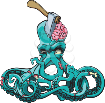 Vector colourful illustration of ugly octopus zombie with axe in his head, isolated on white background. File doesn't contains gradients, blends, transparency and strokes or other special visual effects. You can open this file with any vector graphics editors.
