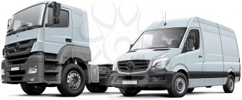 High quality photorealistic illustration of two European commercial vehicles, isolated on white background. 