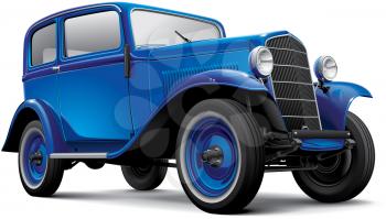 High quality vector image of blue European prewar compact automobile, isolated on white background. File contains gradients, blends and transparency. No strokes. Easily edit: file is divided into logical layers and groups. Please note that not all vector graphics editors support visual effects by Adobe Illustrator.