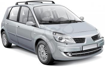 Detail vector image of silver French compact MPV, isolated on white background. File contains gradients, blends and transparency. No strokes. Easily edit: file is divided into logical layers and groups.