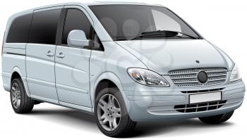 High quality vector illustration of white light passenger van, isolated on white background. File contains gradients, blends and transparency. No strokes. Easily edit: file is divided into logical layers and groups.