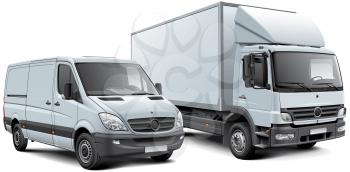 High quality vector illustration of white box truck and light goods vehicle, isolated on white background. File contains gradients, blends and transparency. No strokes. Easily edit: file is divided into logical layers and groups.