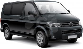 High quality vector image of black German passenger van, isolated on white background. File contains gradients, blends and transparency. No strokes. Easily edit: file is divided into logical layers and groups. Palette contains progressive black. Please note that not all vector graphics editors support visual effects by Adobe Illustrator.