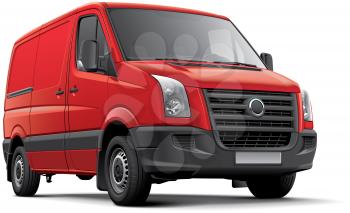 High quality vector image of red European panel van, isolated on white background. File contains gradients, blends and transparency. No strokes. Easily edit: file is divided into logical layers and groups.