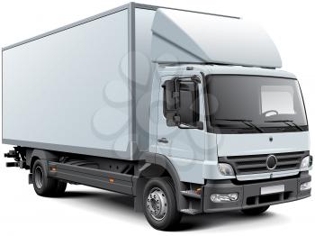 High quality vector image of white European box truck, isolated on white background. File contains gradients, blends and transparency. No strokes. Easily edit: file is divided into logical layers and groups.