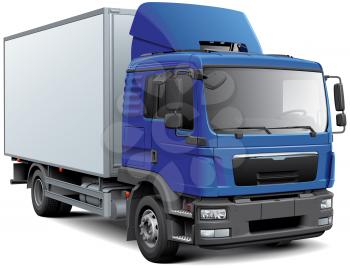 High quality vector image of box truck with blue cabine, isolated on white background. File contains gradients, blends and transparency. No strokes. Easily edit: file is divided into logical layers and groups.