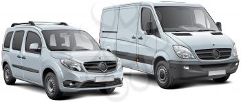 High quality vector illustration of two commercial vehicles - light goods vehicle and MPV, isolated on white background. File contains gradients, blends and transparency. No strokes. Easily edit: file is divided into logical layers and groups.
