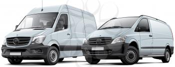 High quality vector illustration of two commercial vehicles - full-size van and light van, isolated on white background. File contains gradients, blends and transparency. No strokes. Easily edit: file is divided into logical layers and groups.