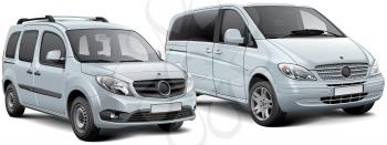 High quality vector illustration of two light commercial vehicles - passenger van and MPV, isolated on white background. File contains gradients, blends and transparency. No strokes. Easily edit: file is divided into logical layers and groups.