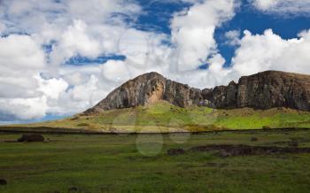 Royalty Free Photo of Rano Raraku Mountain, Easter Island, and the Ancient Quarry