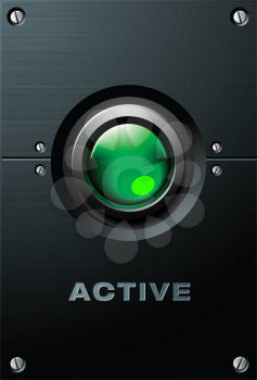 Royalty Free Clipart Image of a Green Button on the Brushed Metal