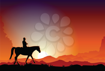 Royalty Free Clipart Image of a Cowboy Riding a Horse in the Dusk