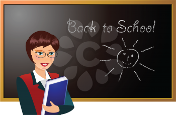 Royalty Free Clipart Image of a Teacher Standing In Front of a Blackboard