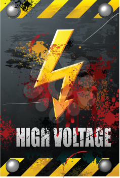 Royalty Free Clipart Image of a High Voltage Sign on a Metal Plate With Blood Splatter