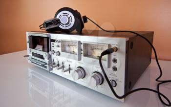 Vintage Stereo Cassette tape deck recorder or player with headphones
