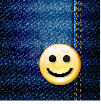 Happy smiley face badge on blue denim realistic vector