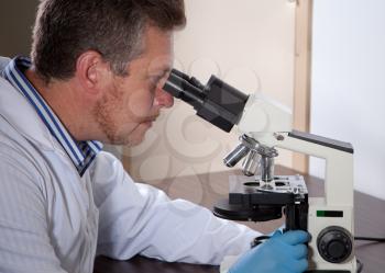 Royalty Free Photo of a Scientist Looking Into a Microscope